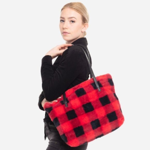 Viv's Boutique Handbags - Faux Fur Red Buffalo Check Tote Bag